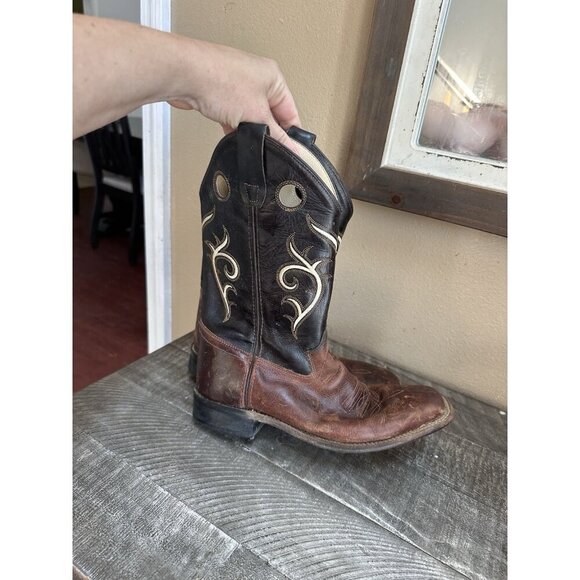 Old West Leather Cowboy Boots Child Youth Broad Square Toe Brown BSY1807 Sz 7 - Picture 3 of 5